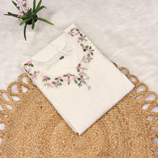 Women’s Elegant White Cotton Kurti with Pink Floral Embroidery – Ethnic & Casual Wear