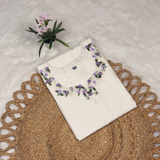 Women’s Elegant White Cotton Kurti with Purple Floral Embroidery – Ethnic & Casual Wear