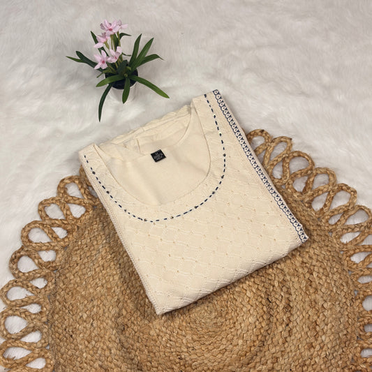 Women’s Elegant White Hakoba Cotton Kurti with Minimal Detailing – Casual & Ethnic Wear