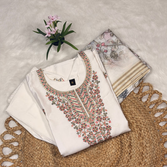 Women’s Elegant White Kurti Set with Intricate Embroidery & Printed Dupatta – Festive & Ethnic Wear