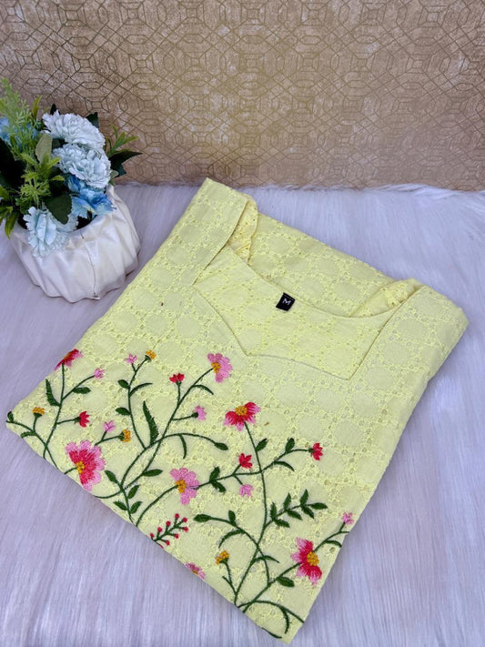 Women’s Elegant Yellow Hakoba Kurti with Floral Embroidery – Summer Collection