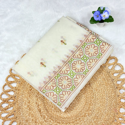 Women's Embroidered Ivory Saree with Blouse Piece | Pastel Bootis & Peach‑Sage Geometric Floral Border
