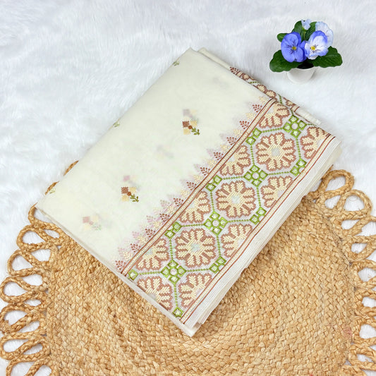 Women's Embroidered Ivory Saree with Blouse Piece | Pastel Bootis & Peach‑Sage Geometric Floral Border