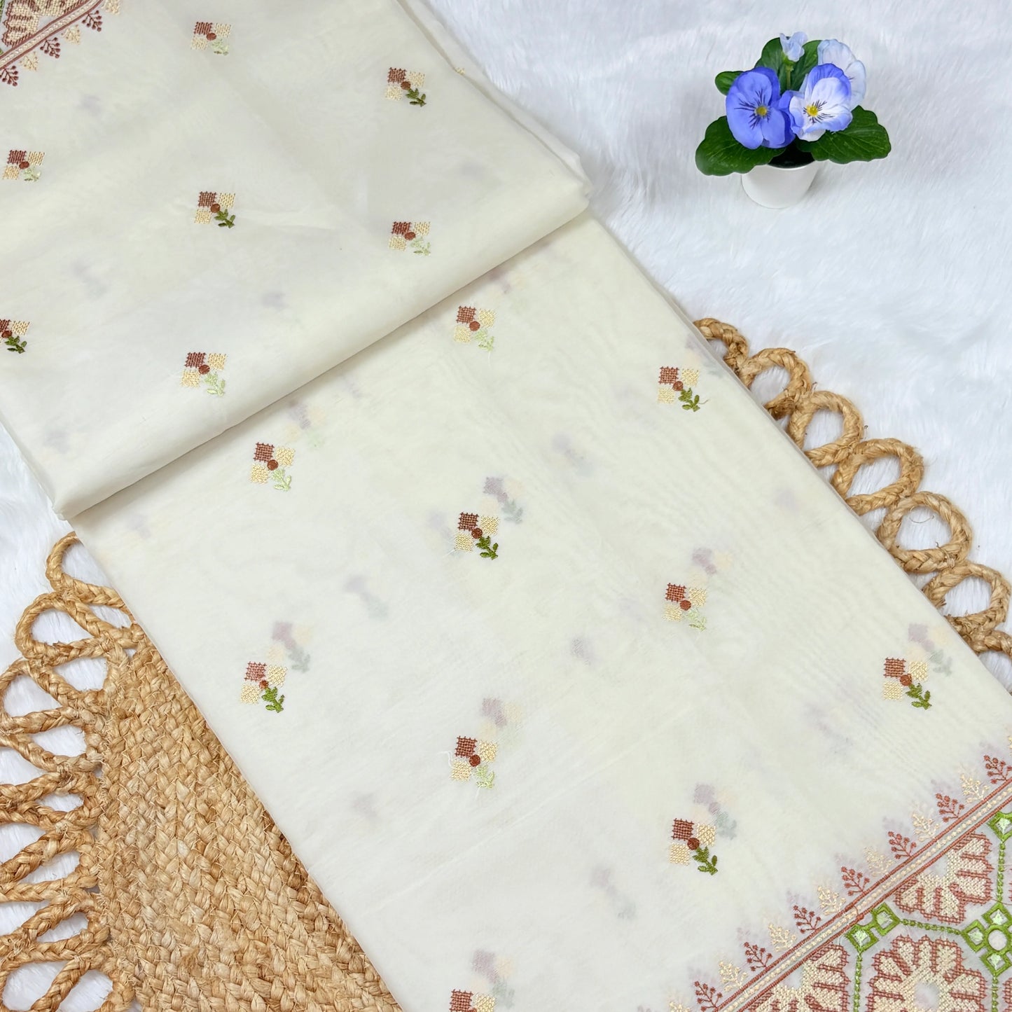 Women's Embroidered Ivory Saree with Blouse Piece | Pastel Bootis & Peach‑Sage Geometric Floral Border