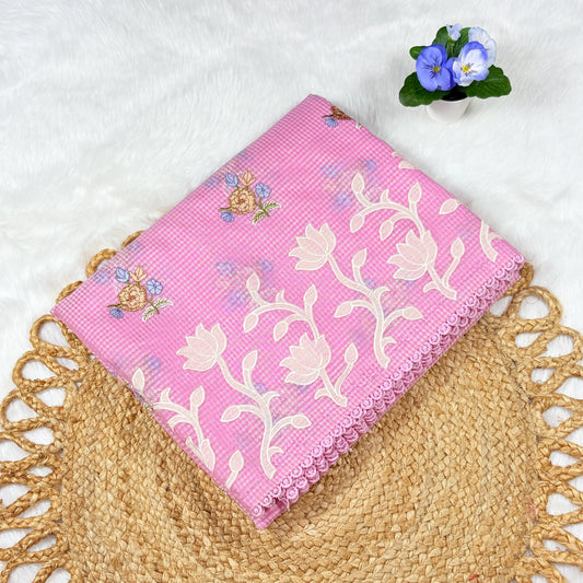 Women's Embroidered Micro‑Check Saree with Blouse Piece | Candy Pink Ivory Applique Border & Pastel Rose Bootis