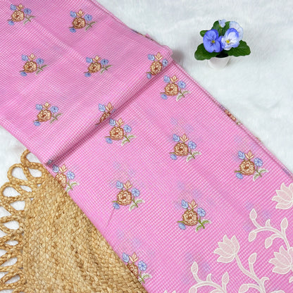 Women's Embroidered Micro‑Check Saree with Blouse Piece | Candy Pink Ivory Applique Border & Pastel Rose Bootis