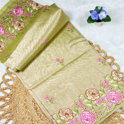 Women's Embroidered Tissue‑Finish Saree with Blouse Piece | Pistachio Green Floral Border & Bootis