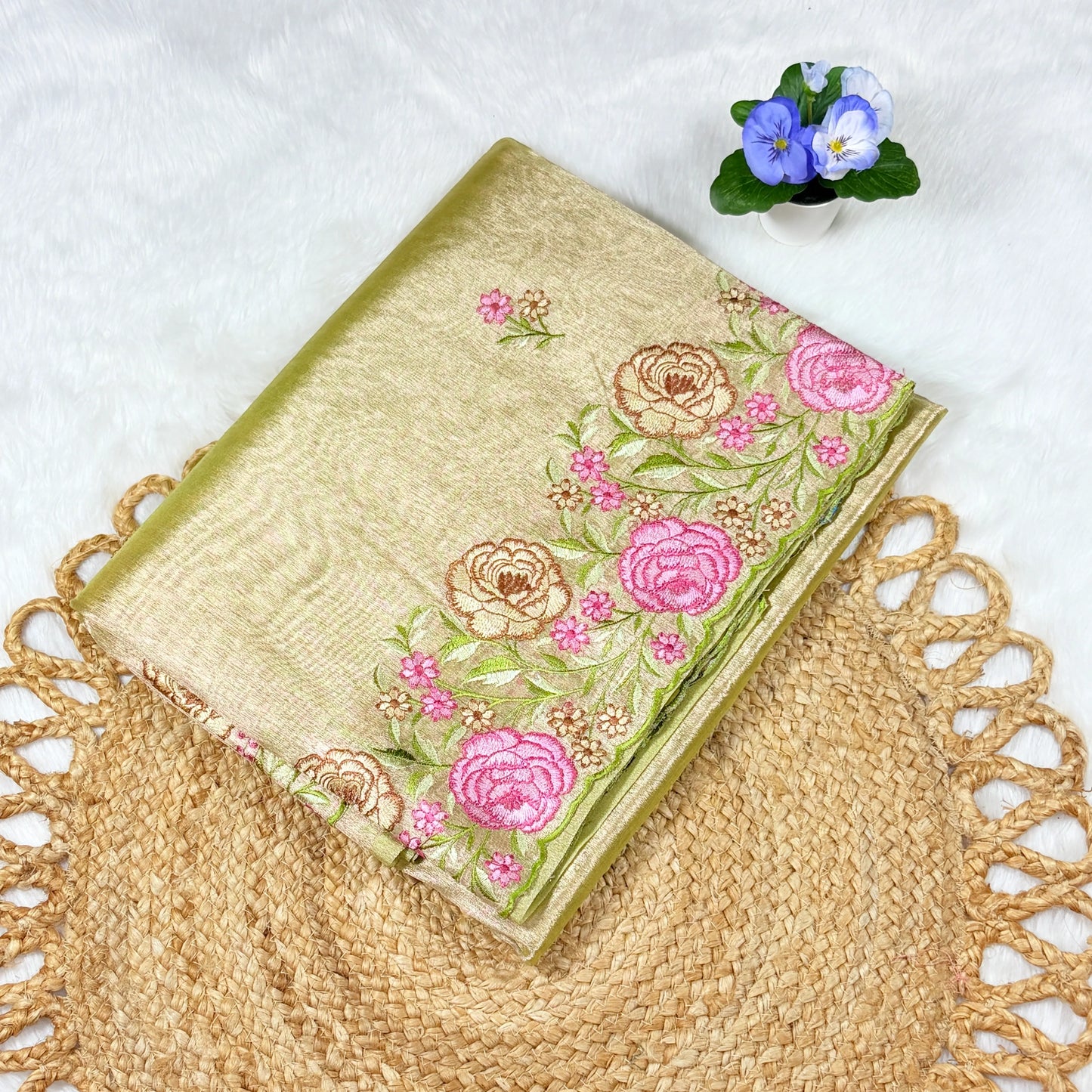 Women's Embroidered Tissue‑Finish Saree with Blouse Piece | Pistachio Green Floral Border & Bootis
