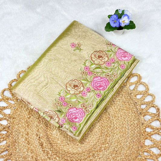 Women's Embroidered Tissue‑Finish Saree with Blouse Piece | Pistachio Green Floral Border & Bootis