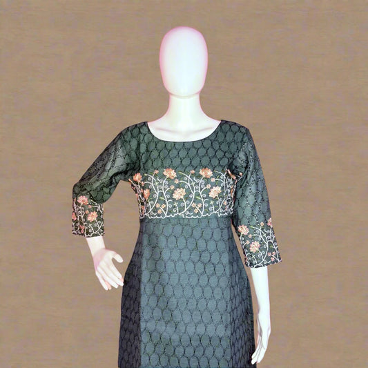 Women's Green Floral Embroidery Hakoba Slitted Kurti with Cotton Lining