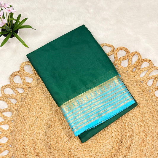 Women’s Green Mysore Crepe Silk Saree with Golden Zari Border & Sky Blue Contrast