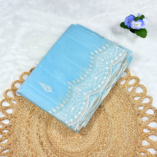 Women's Ice Blue Embroidered Saree with Blouse Piece | Tonal Paisley Bootis & Scalloped Silver‑White Border