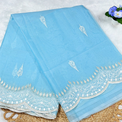 Women's Ice Blue Embroidered Saree with Blouse Piece | Tonal Paisley Bootis & Scalloped Silver‑White Border