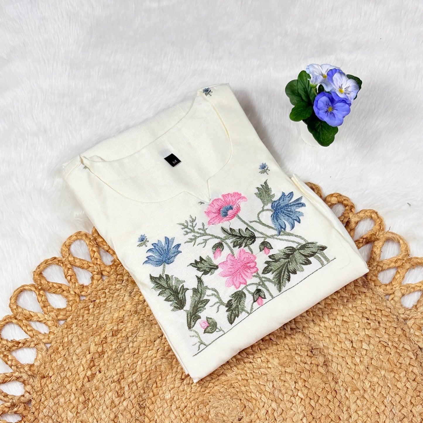 Women’s Ivory Cotton Kurti with Garden Floral Embroidery | Breathable Everyday Chic