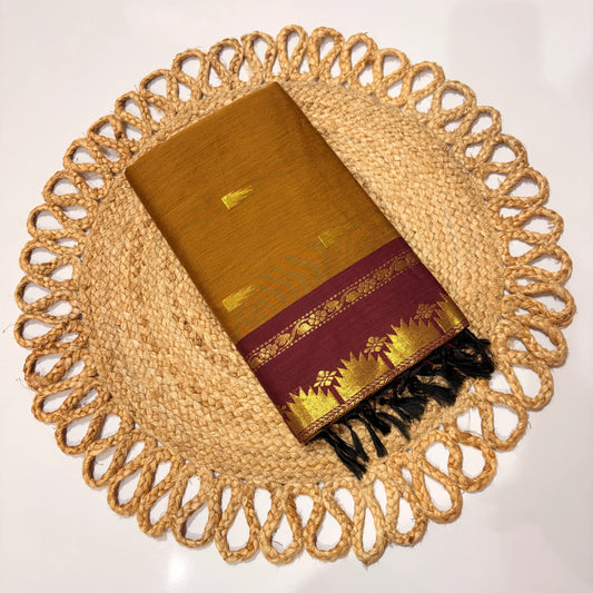 Women's Kalyani Cotton Tower Saree Mustard with Maroon Zari Temple Border