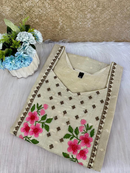 Women's Kerala Tissue Floral Embroidered Kurti | Beige Pink Ethnic Festive Wear | Onam Vishu Special