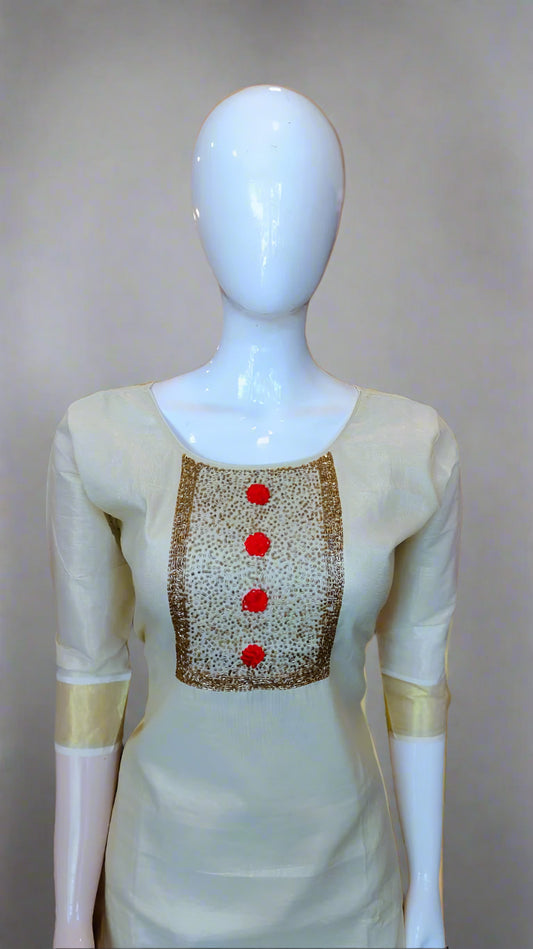 Women's Kerala Traditional Handwork Gold Tissue Kurti