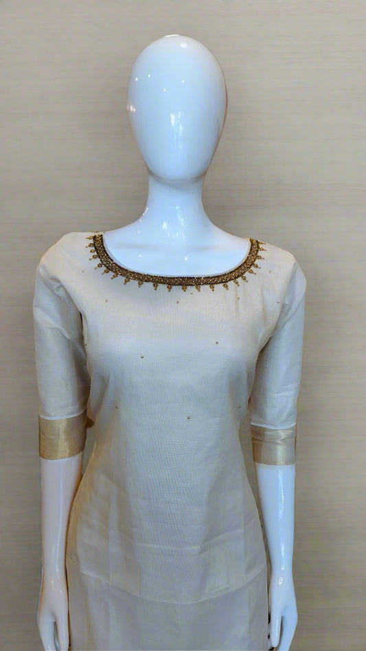 Women's Kerala Traditional Handwork Tissue Gold Kurti