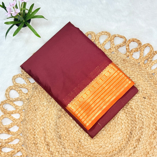 Women’s Maroon Mysore Crepe Silk Saree with Golden Zari Border & Orange Contrast