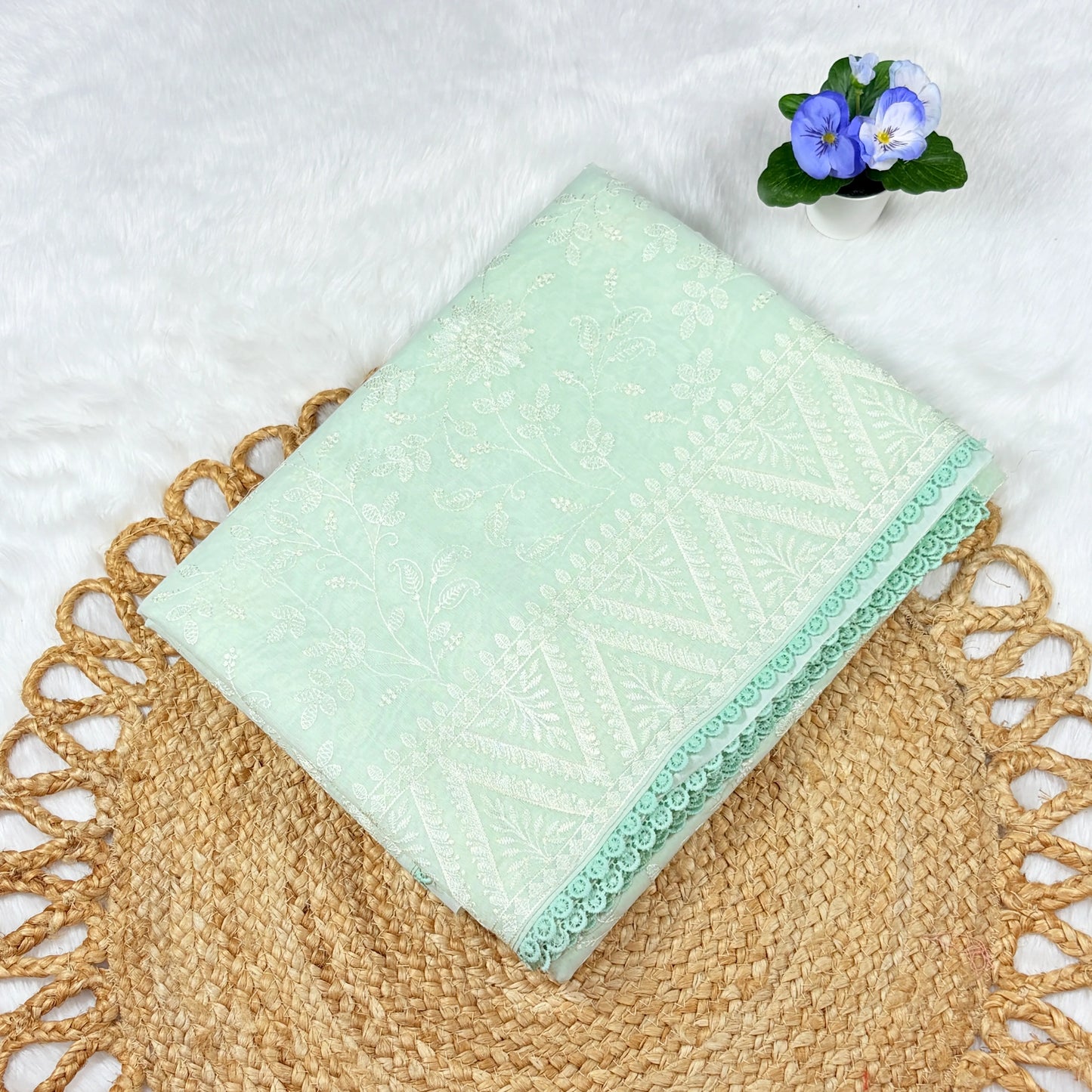 Women's Mint Green All‑Over Embroidered Saree with Blouse Piece | Tonal Floral Work, Chevron Border & Lace Edge
