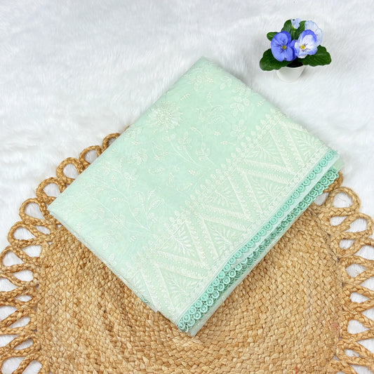 Women's Mint Green All‑Over Embroidered Saree with Blouse Piece | Tonal Floral Work, Chevron Border & Lace Edge