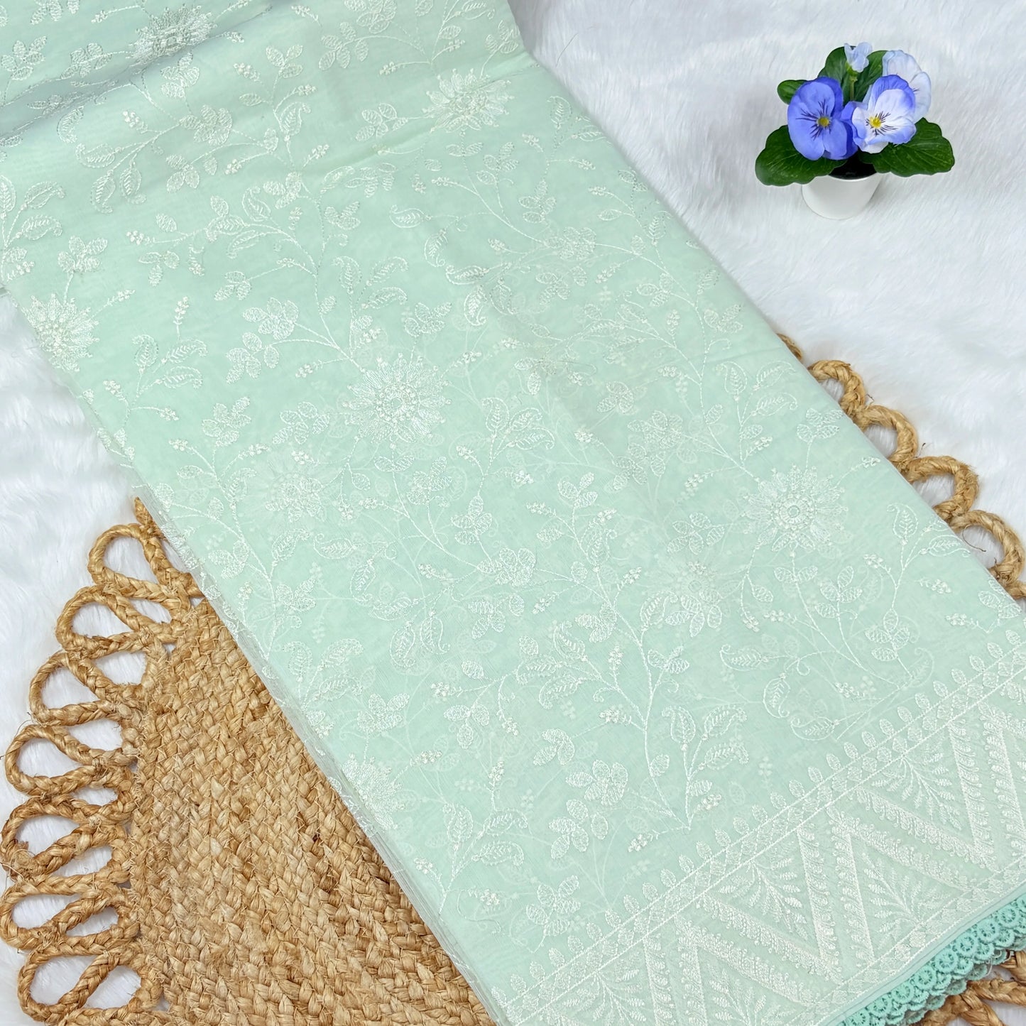 Women's Mint Green All‑Over Embroidered Saree with Blouse Piece | Tonal Floral Work, Chevron Border & Lace Edge