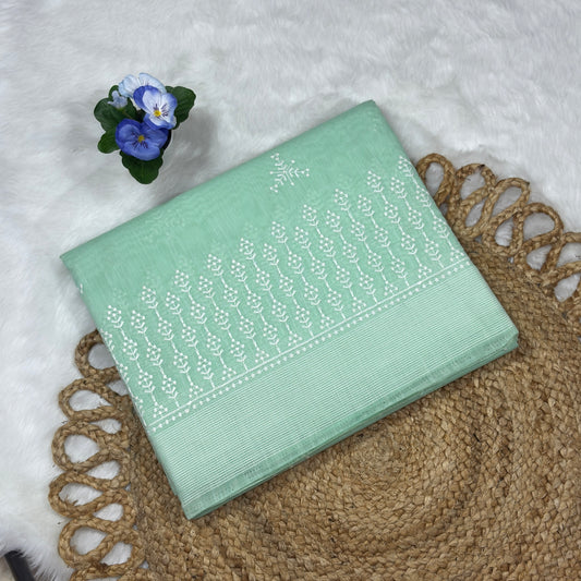 Women's Mint Green Cotton Saree with White Woven Design – Elegant Daily & Festive Wear