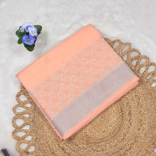 Women's Peach Saree with Intricate Embroidery & Contrast Border – Perfect for Festive Elegance