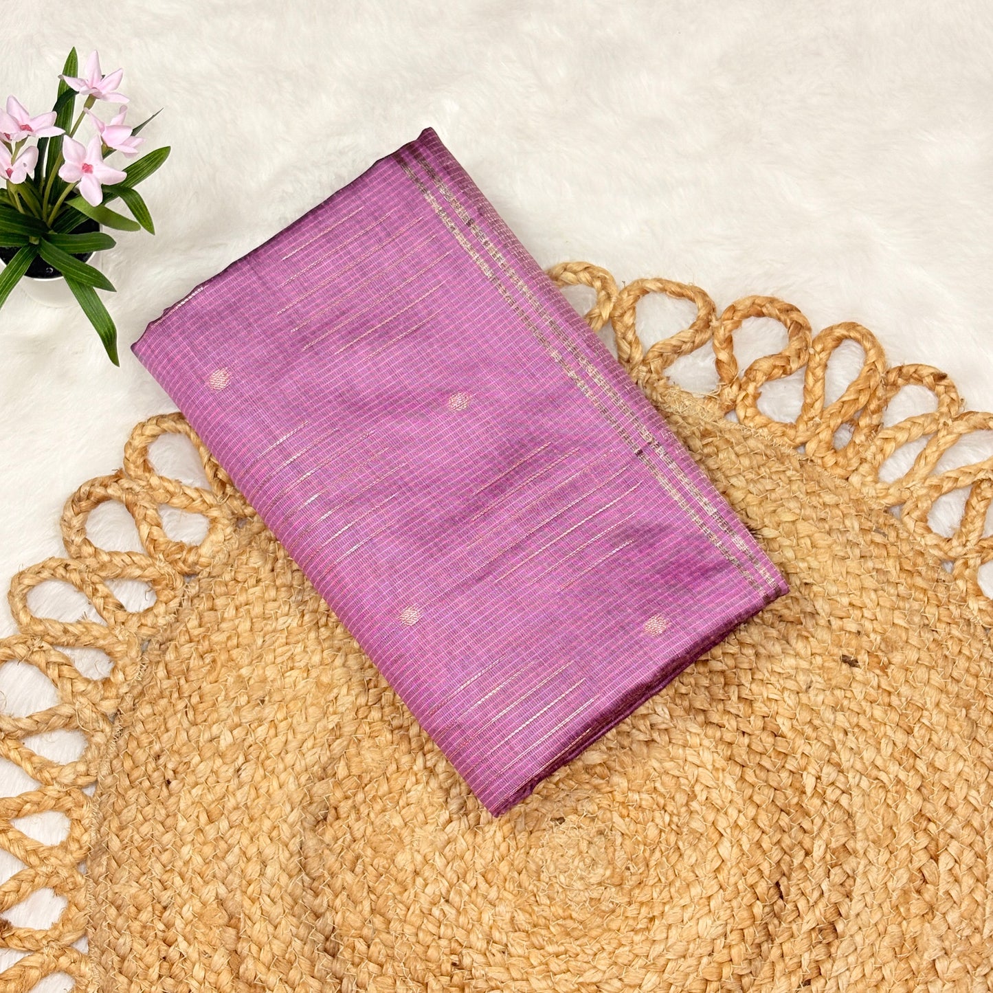 Women's Pink Acrylic Cotton Saree with Woven Stripes & Dots – Lightweight Casual Wear Saree