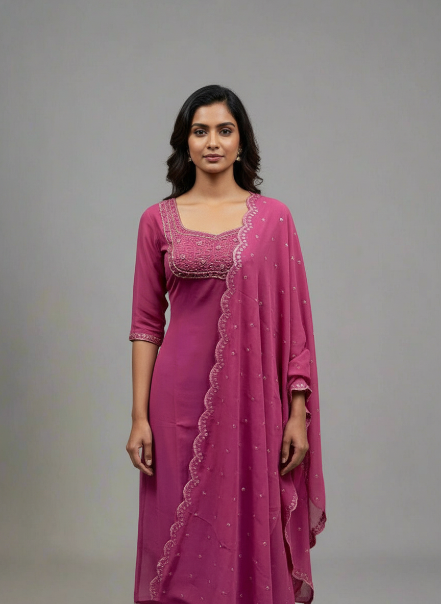 Woman wearing a pink traditional outfit with a matching dupatta on a gray background