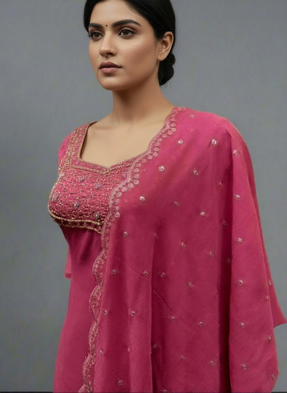 Woman wearing a pink traditional outfit with intricate designs on a gray background