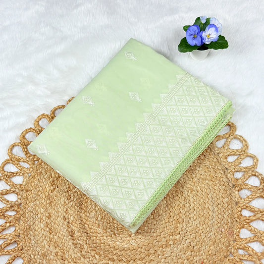 Women's Pistachio Green Embroidered Saree with Blouse Piece | Diamond Butis, Zig‑Zag Border & Lace Edge