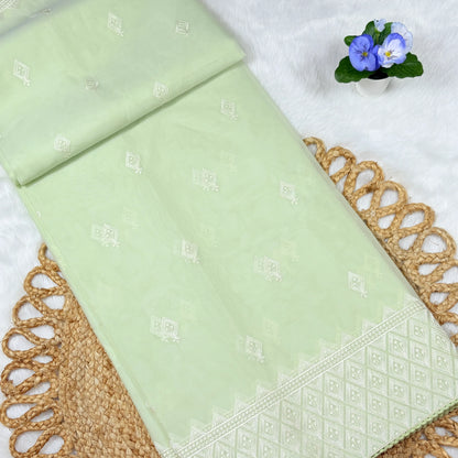 Women's Pistachio Green Embroidered Saree with Blouse Piece | Diamond Butis, Zig‑Zag Border & Lace Edge