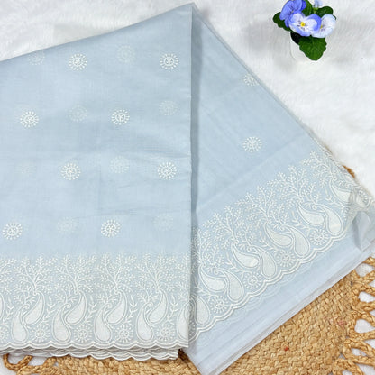 Women's Powder Blue Embroidered Saree with Blouse Piece | Medallion Bootis & Paisley‑Vine Scalloped Border