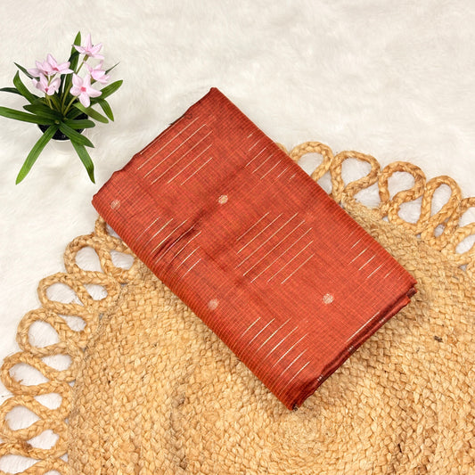 Women's Rust Brown Acrylic Cotton Saree with Woven Stripes & Dots – Lightweight Casual Wear Saree