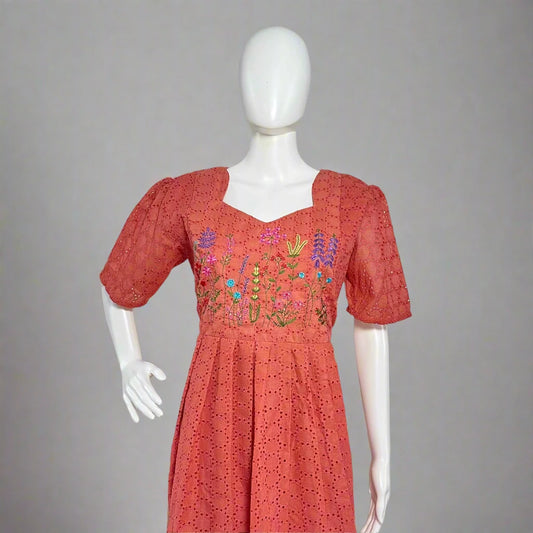 Women's Rust Orange Floral Embroidery Hakoba Pleated Kurti with Cotton Lining