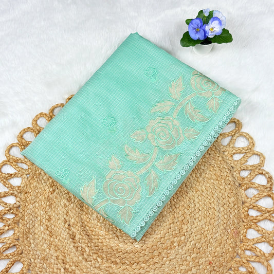 Women's Seafoam Green Embroidered Saree with Blouse Piece | Tonal Rose Bootis, Shimmer Floral Border & Lace Edge