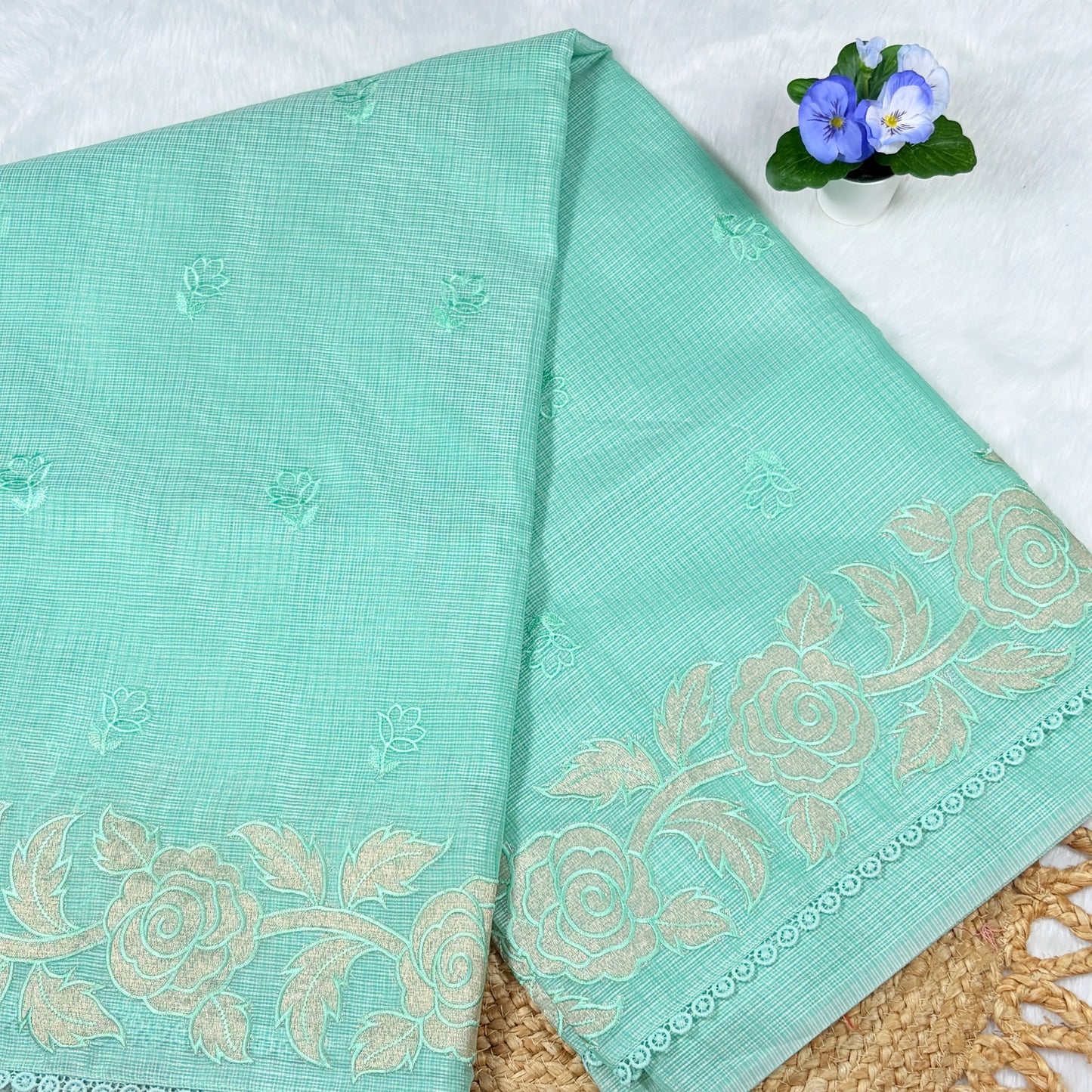 Women's Seafoam Green Embroidered Saree with Blouse Piece | Tonal Rose Bootis, Shimmer Floral Border & Lace Edge