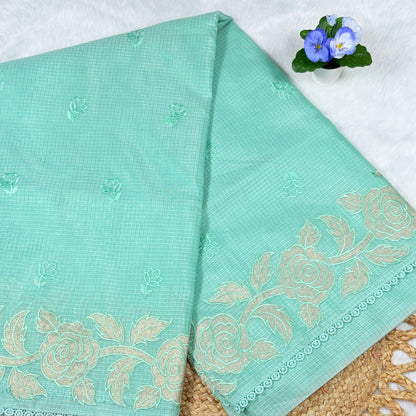 Women's Seafoam Green Embroidered Saree with Blouse Piece | Tonal Rose Bootis, Shimmer Floral Border & Lace Edge