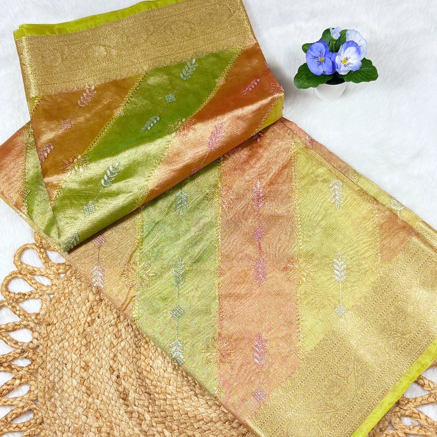 Women's Tissue‑Finish Zari Weave Saree with Blouse Piece | Multicolor Diagonal Panels & Butis