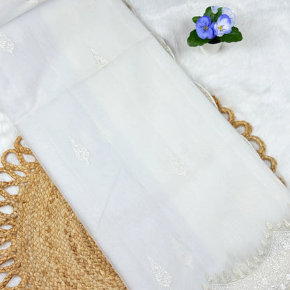 Women's White Embroidered Saree with Blouse Piece | Tonal Paisley Bootis & Scalloped Silver‑White Border