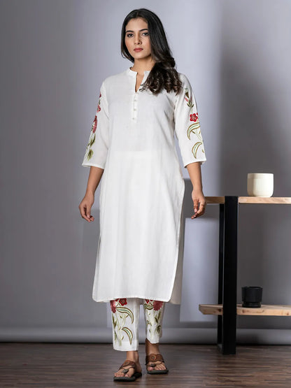 Women's White Floral Embroidered Mandarin Collar Straight Kurta With Trouser