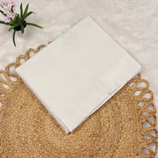 Women's White Super Cotton Saree | Tonal Motifs & Refined Self Border