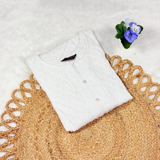Women’s White Textured Cotton Kurti with Buttoned Placket | Minimal, Breathable Everyday Wear