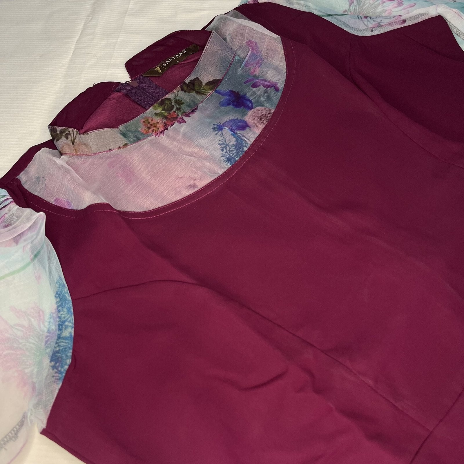 Women's Wine Color Dress With Puff Sleeve
