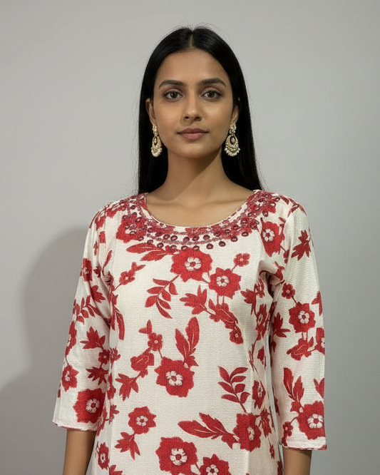 Woman wearing a white dress with red floral patterns against a plain background