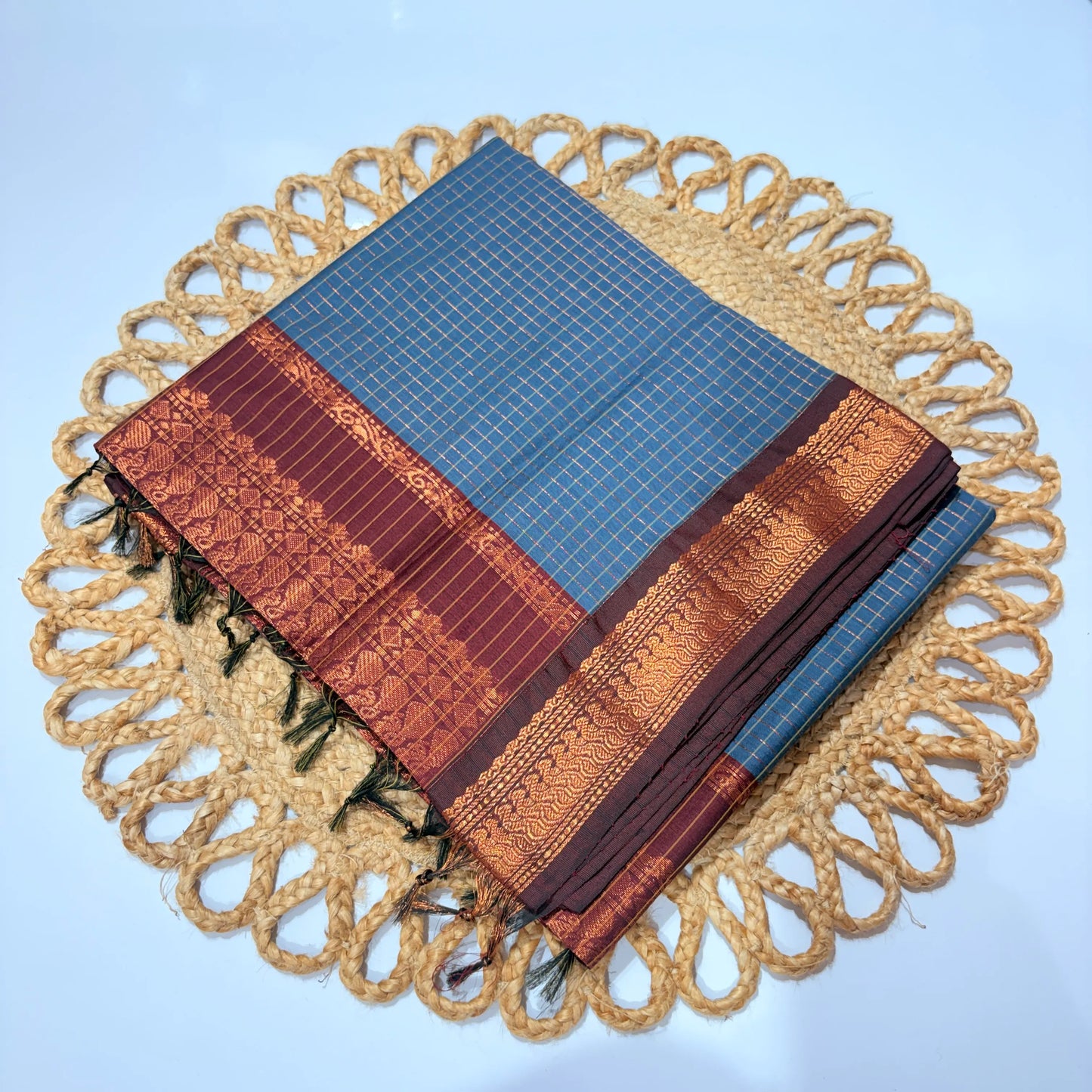 Women's Kalyani Cotton Checked Saree Blue with Maroon Zari Border | Daily & Festive