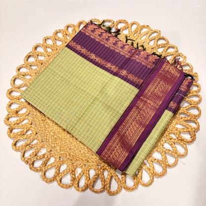 Women's Kalyani Cotton Checked Saree Lime Green with Purple Zari Border