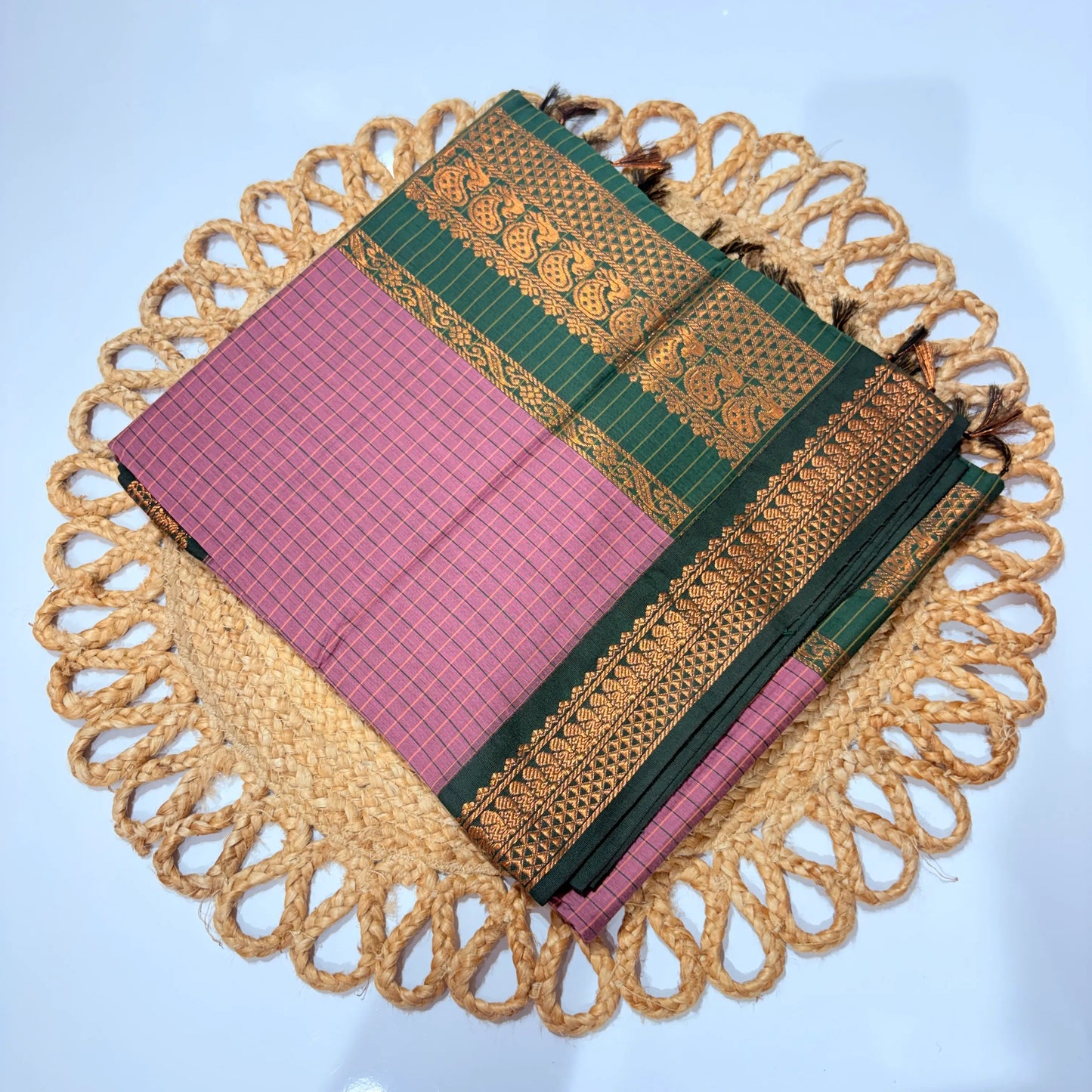 Women's Kalyani Cotton Checked Saree Pink with Bottle Green Zari Border