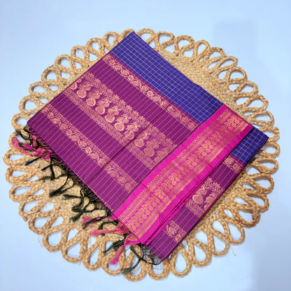 Women's Kalyani Cotton Checked Saree Purple with Pink Zari Border | Festive Wear